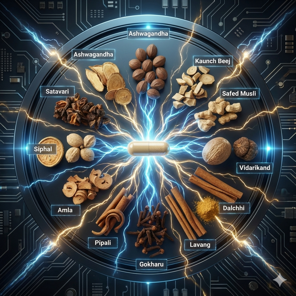 Extra Force capsule with 16 herbal ingredients like Ashwagandha, Kaunch Beej, Safed Musli, Vidarikand, Amla, Pipali, Gokharu and others arranged in a circle