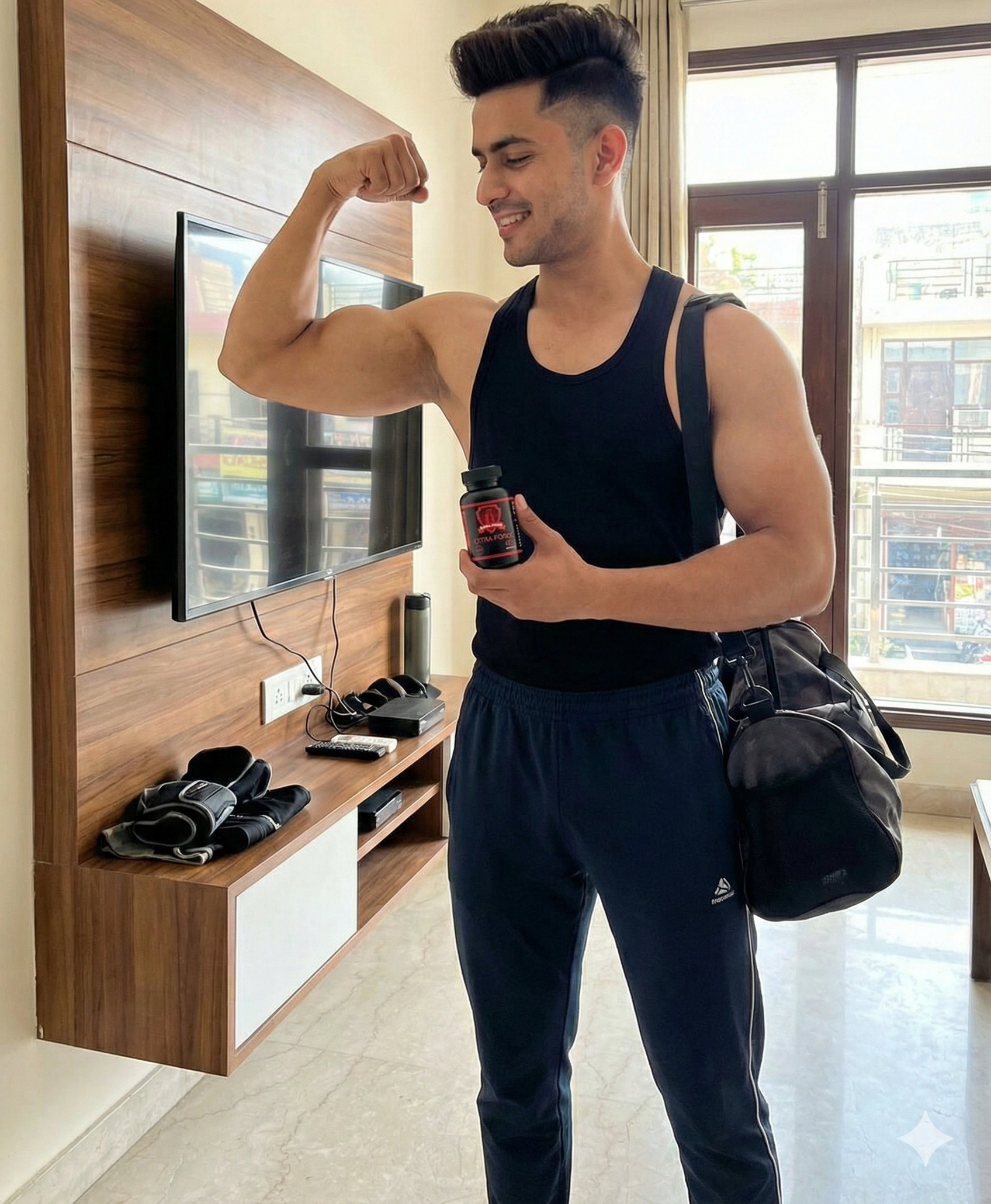 Nitin with gym bag and bottle